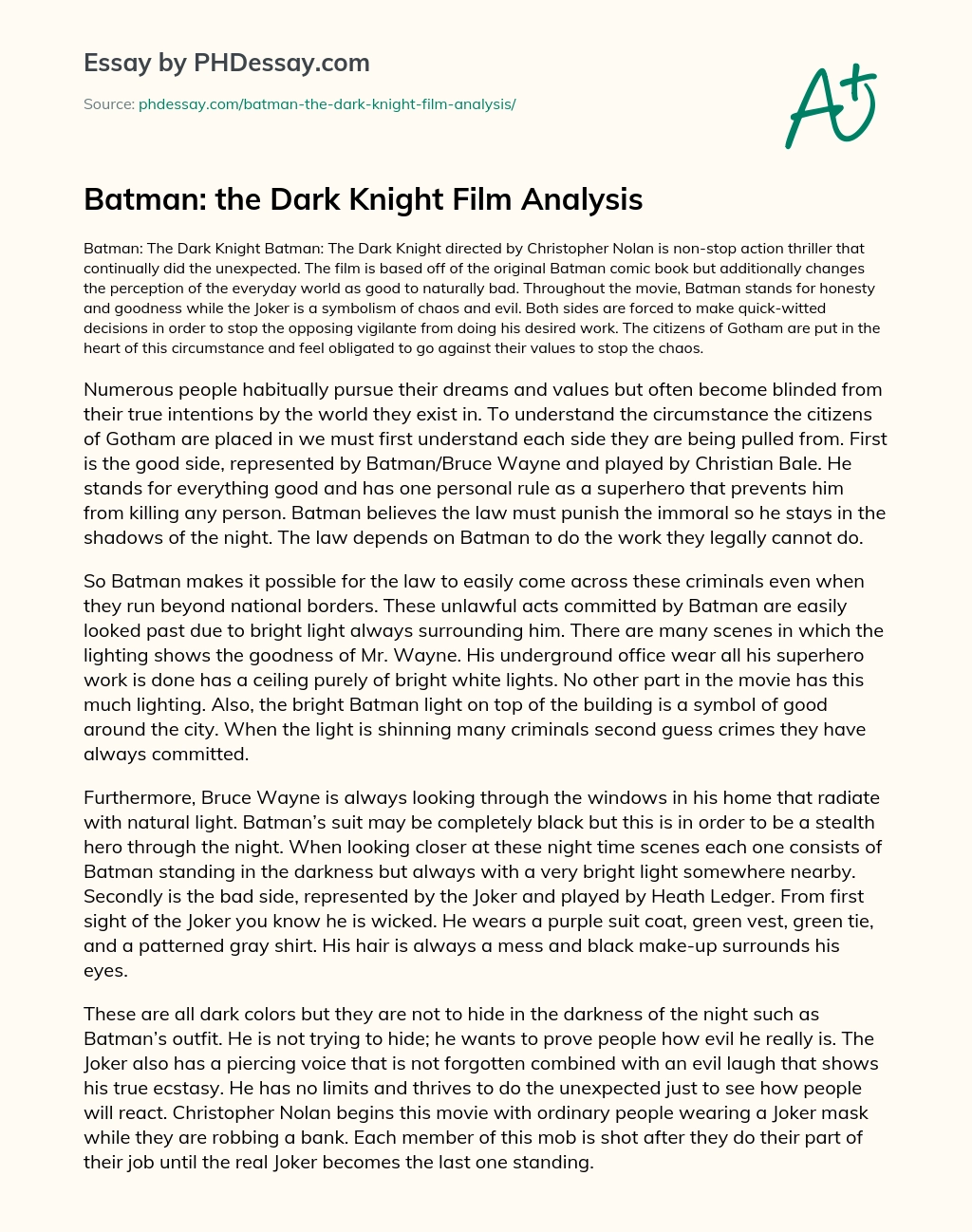 Batman: the Dark Knight Film Analysis essay