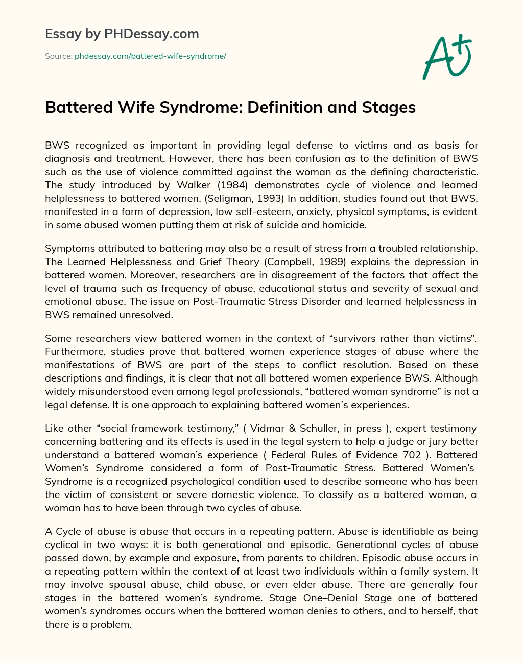 Battered Wife Syndrome: Definition and Stages essay
