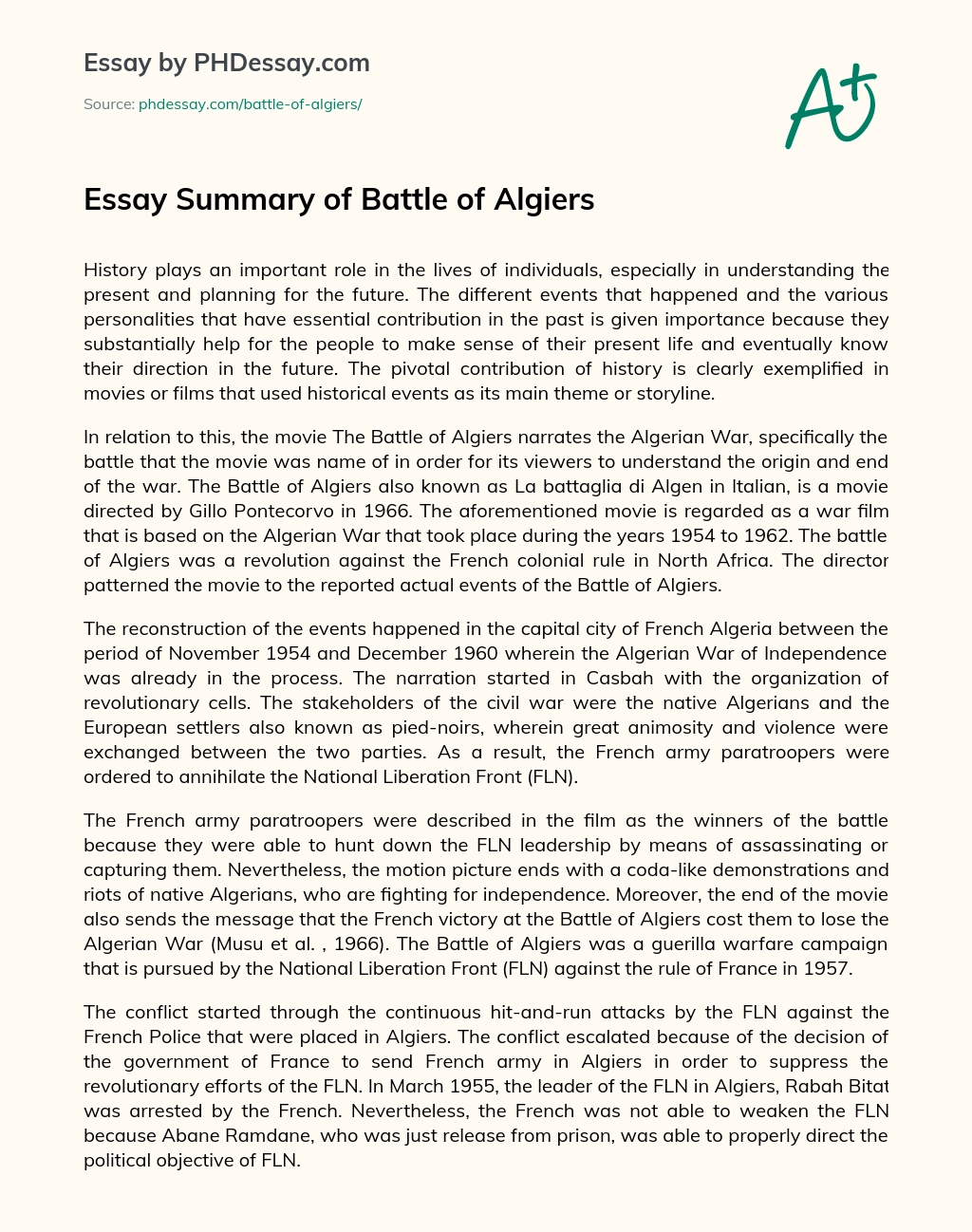 Essay Summary of Battle of Algiers essay