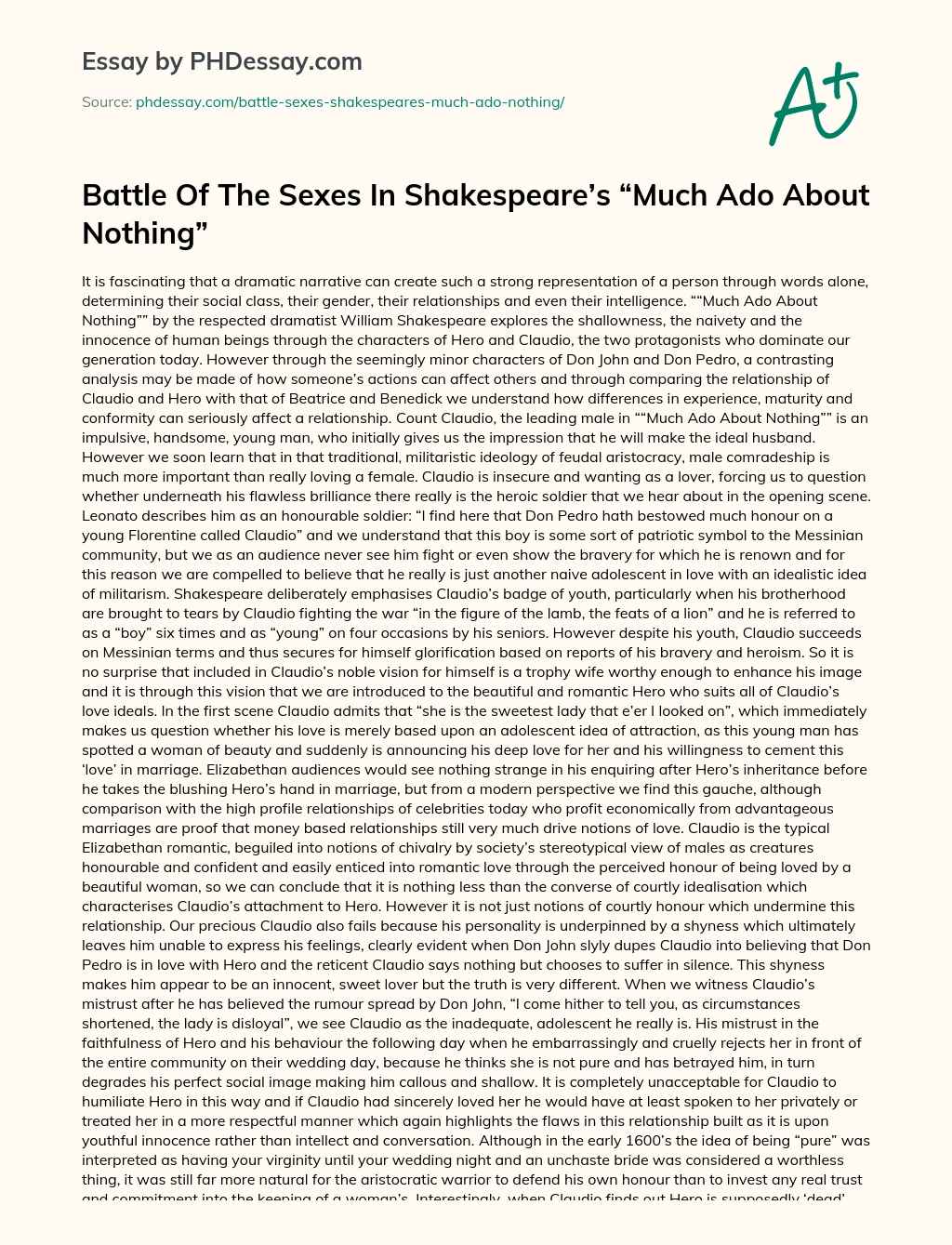 Battle Of The Sexes In Shakespeare’s “Much Ado About Nothing” essay