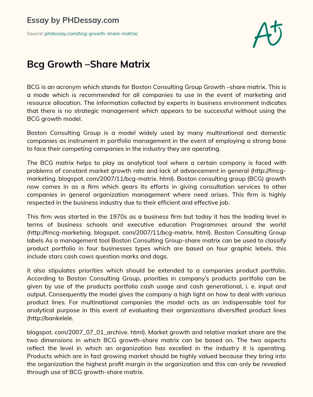 Bcg Growth –Share Matrix essay