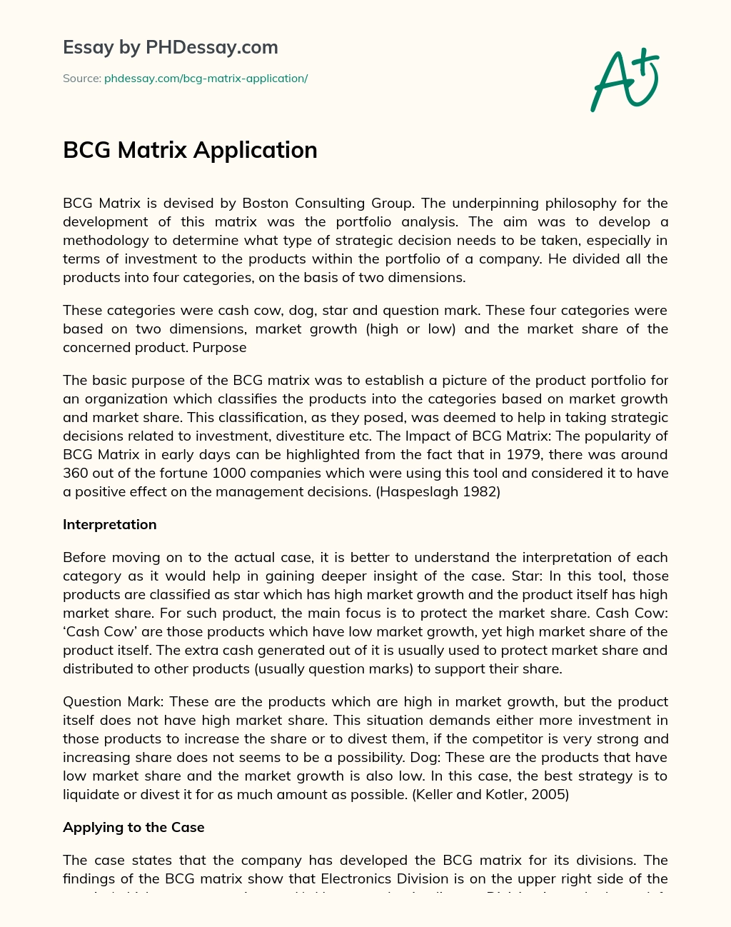 BCG Matrix Application essay