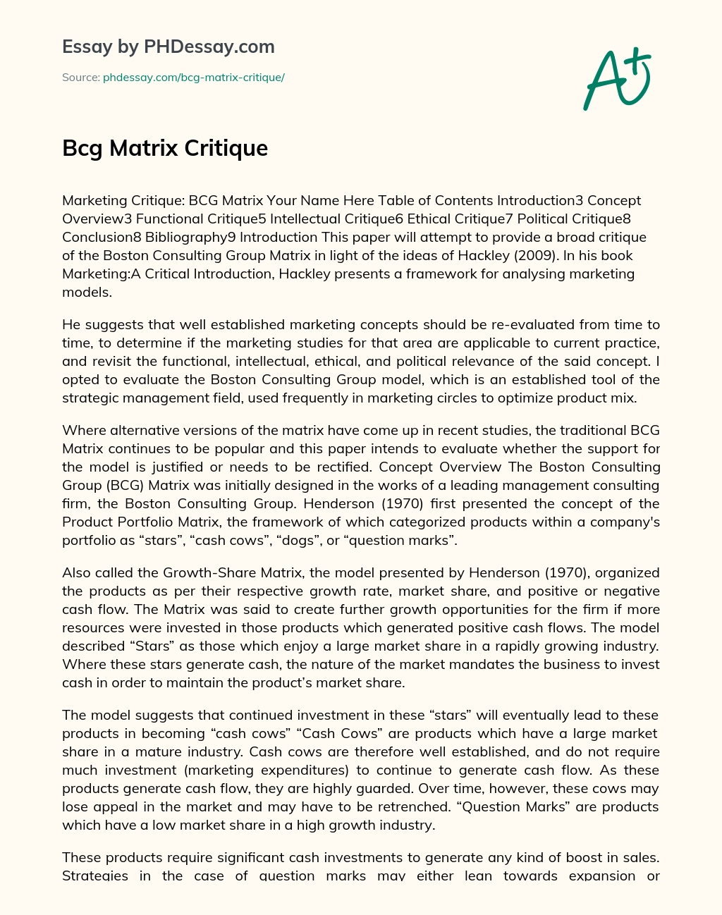 Bcg Matrix Critique essay
