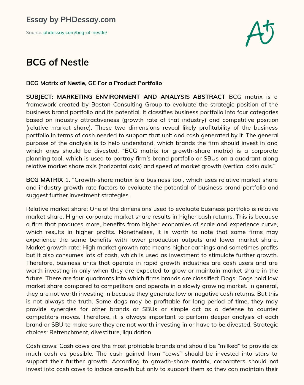 BCG Matrix of Nestle, GE For a Product Portfolio essay