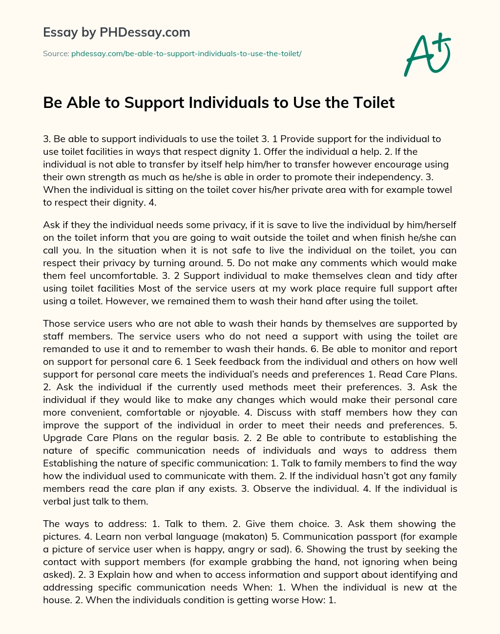 Be Able to Support Individuals to Use the Toilet essay
