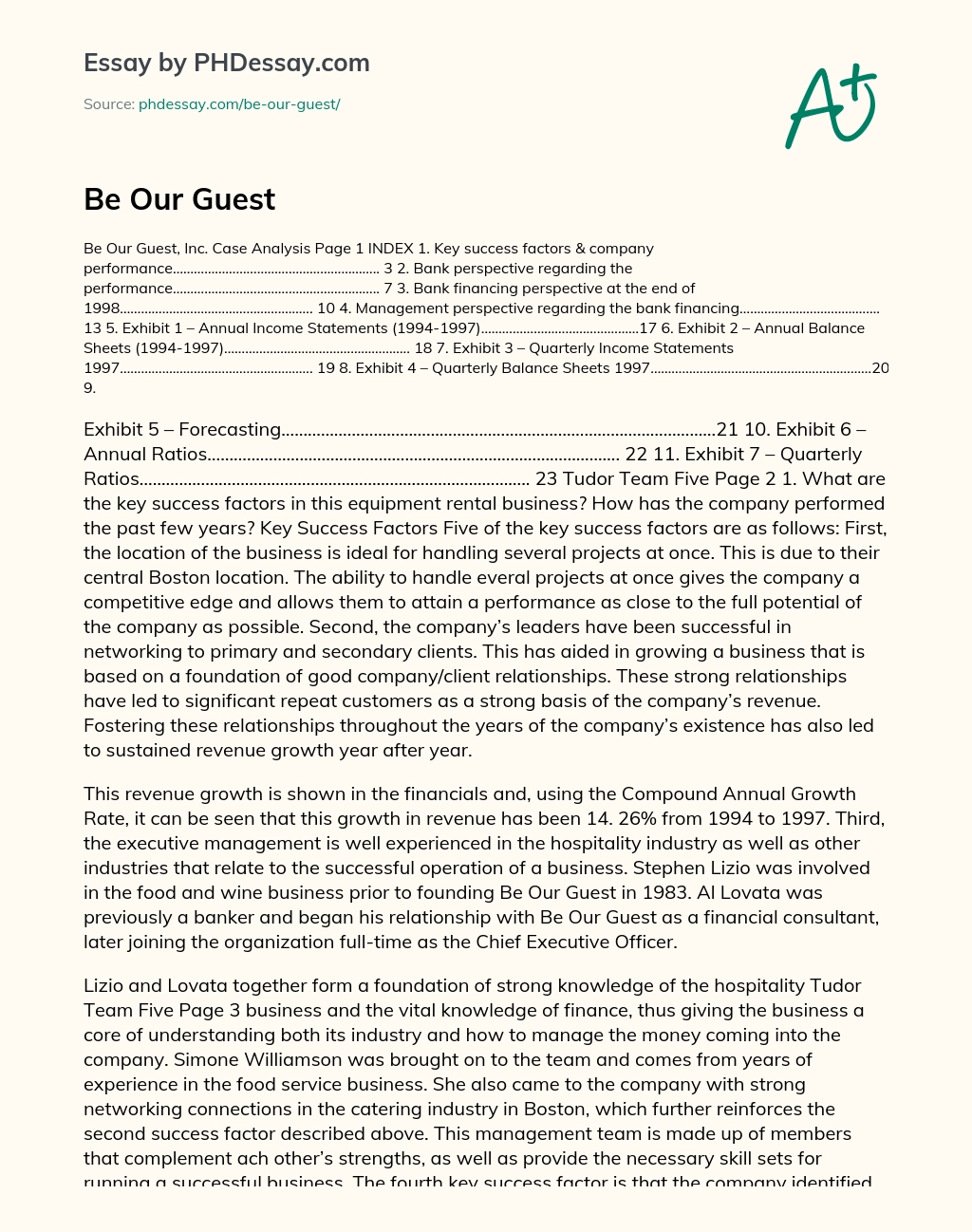 Analysis of Be Our Guest, Inc.: Key Success Factors and Company Performance essay