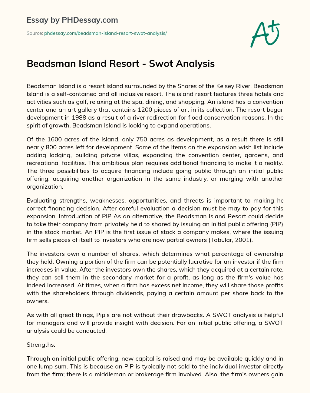 Beadsman Island Resort – Swot Analysis essay