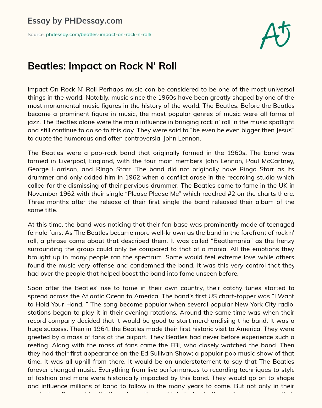 Beatles: Impact on Rock N’ Roll essay