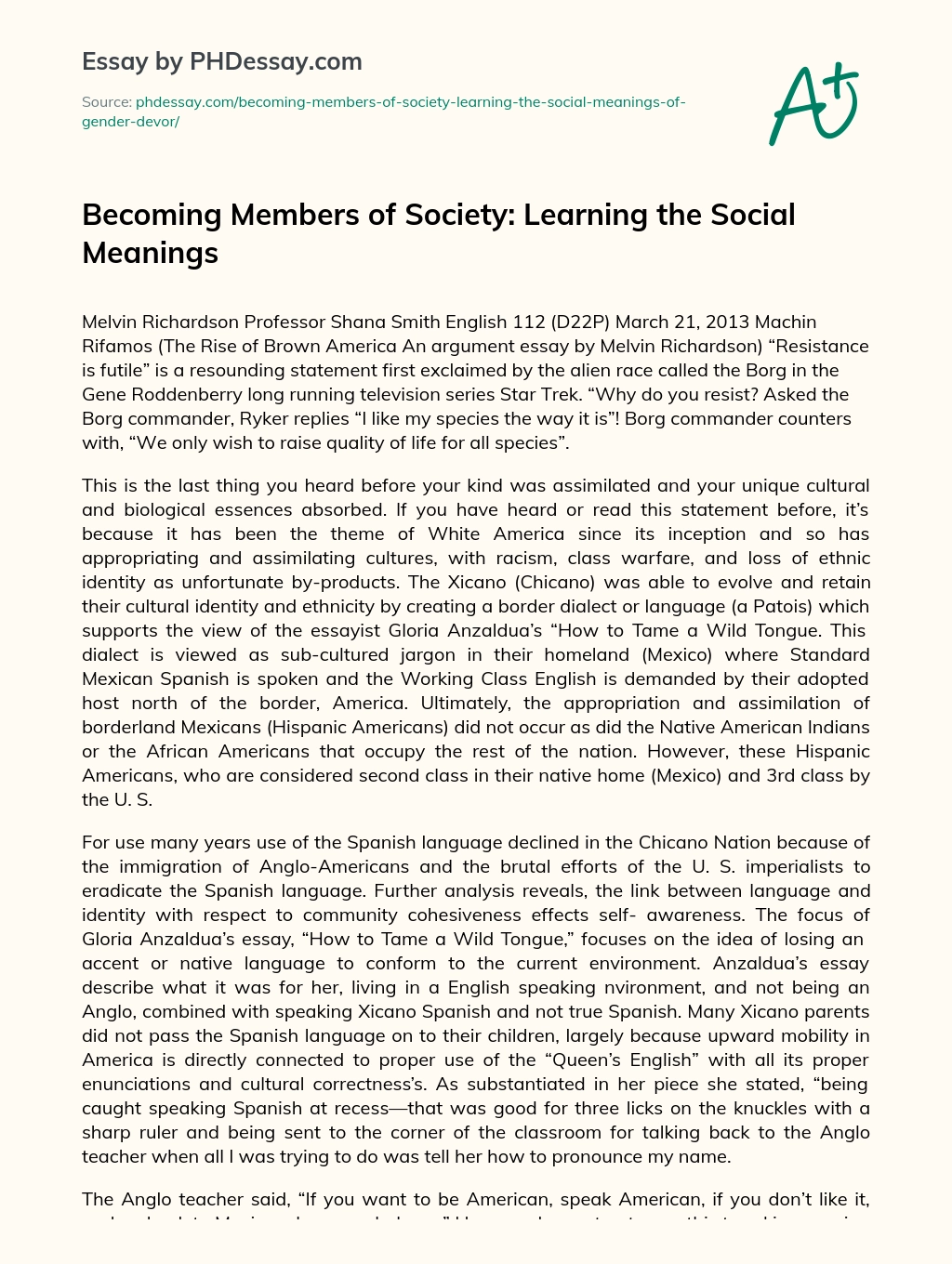 Becoming Members of Society: Learning the Social Meanings essay