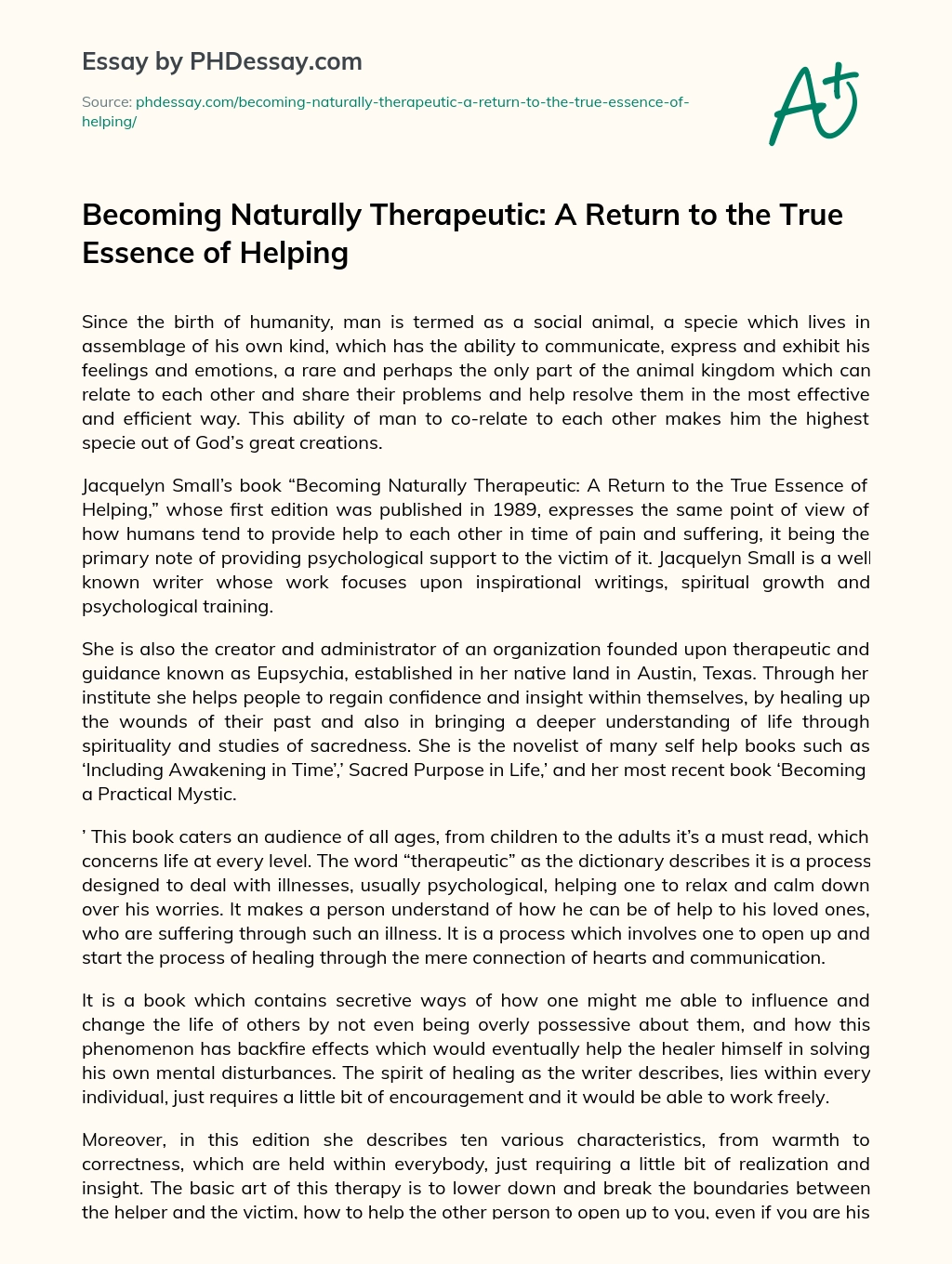 Becoming Naturally Therapeutic: A Return to the True Essence of Helping essay