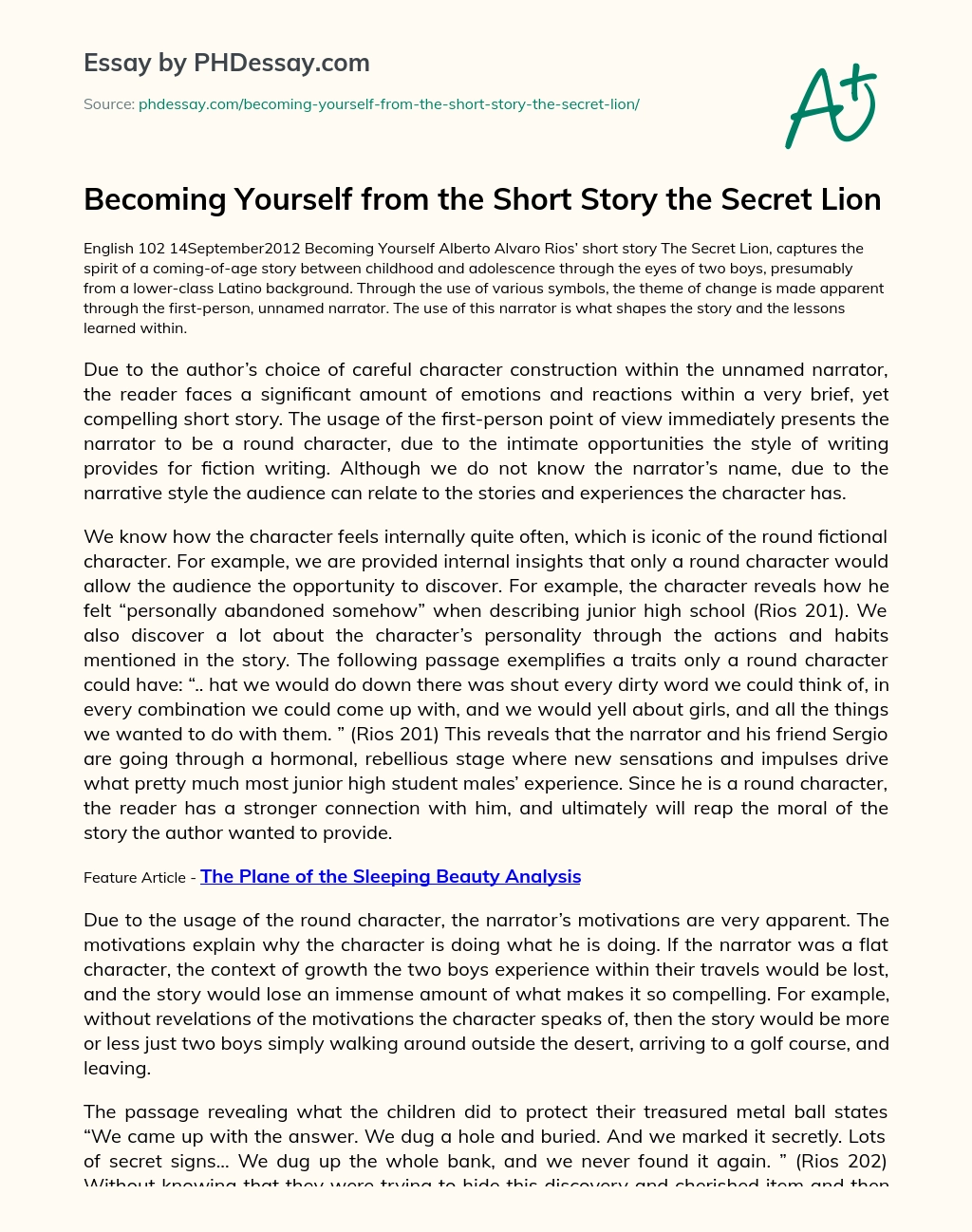 Becoming Yourself from the Short Story the Secret Lion essay