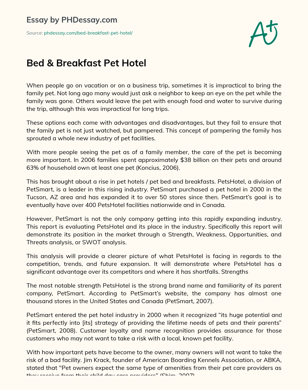 Bed & Breakfast Pet Hotel essay