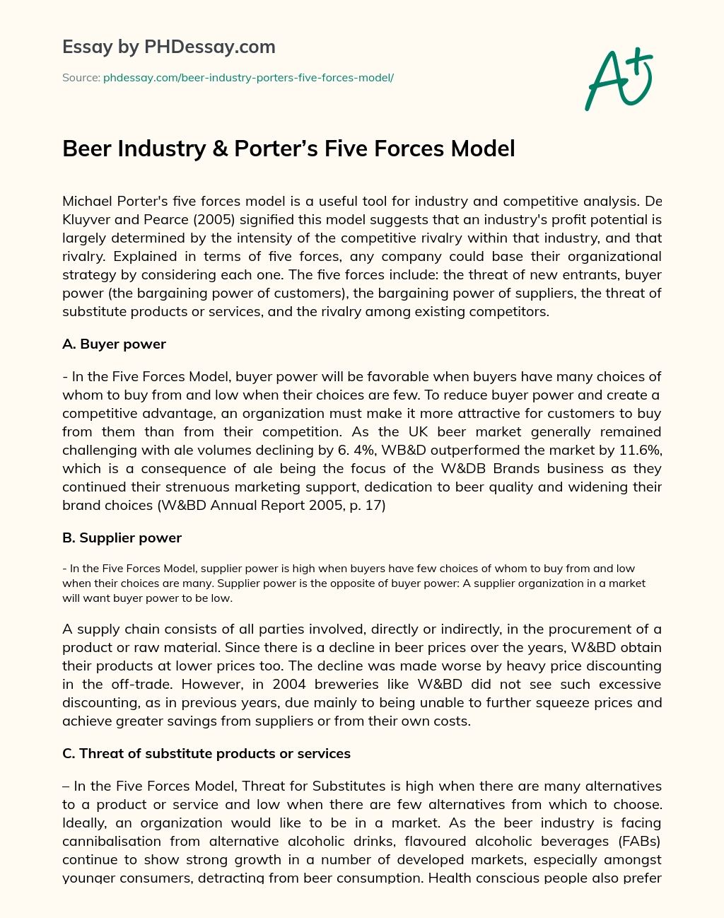 Beer Industry & Porter’s Five Forces Model essay