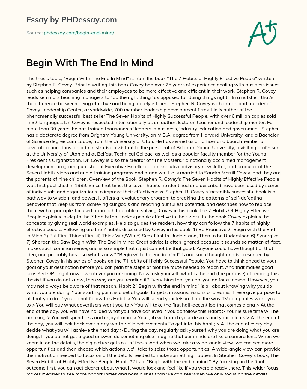 Begin With The End In Mind essay