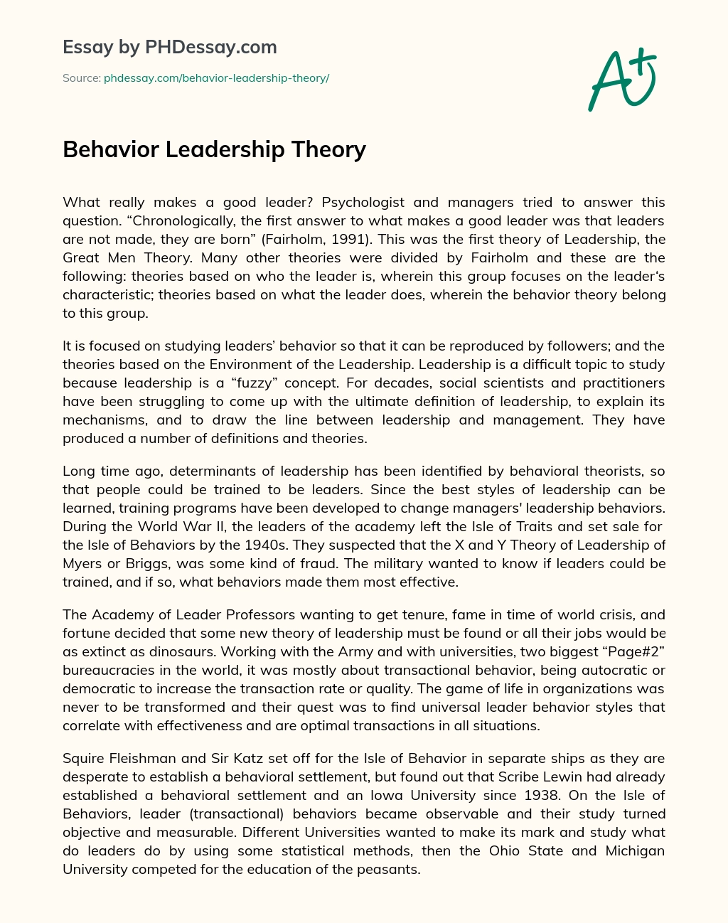 Behavior Leadership Theory essay