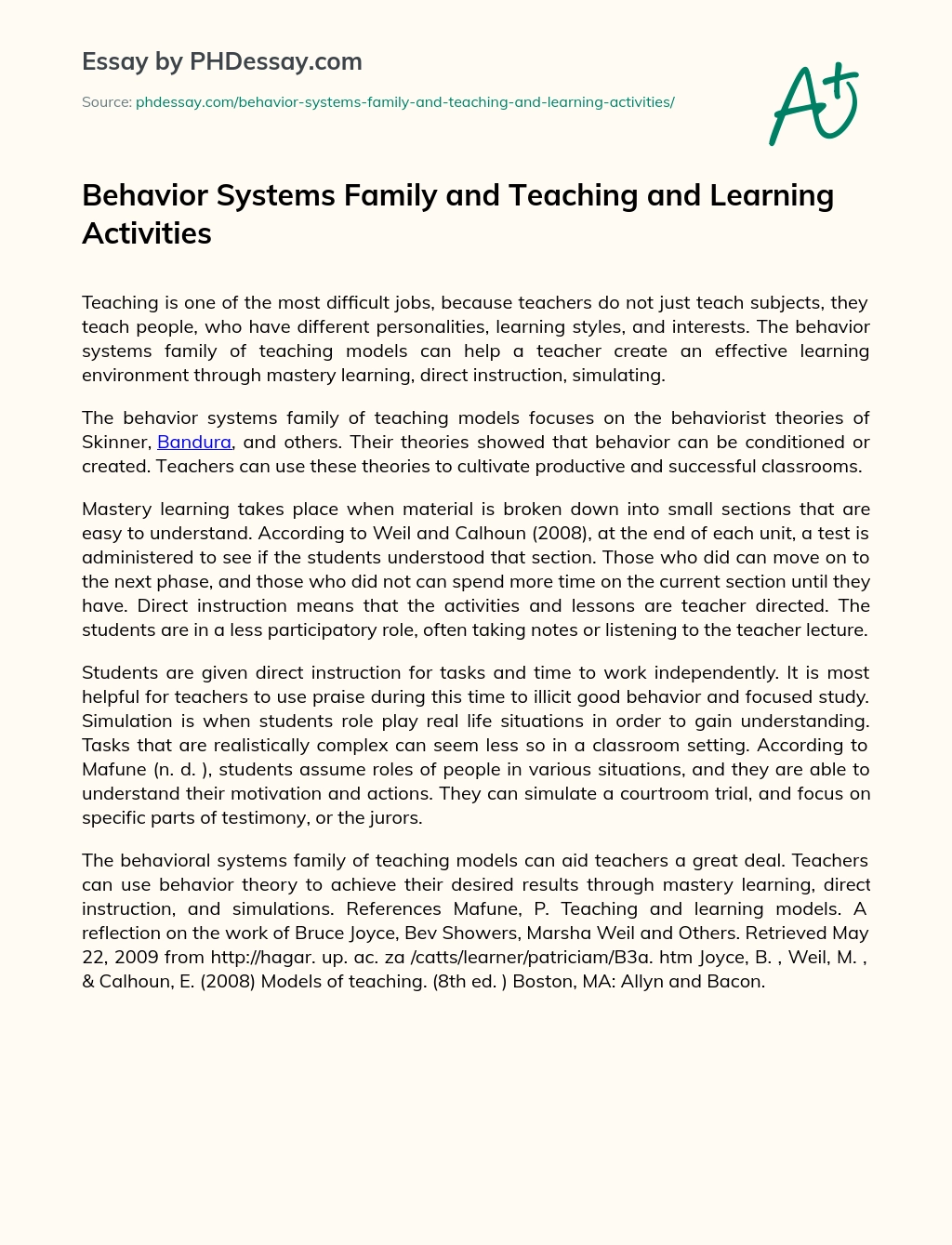 Behavior Systems Family and Teaching and Learning Activities essay