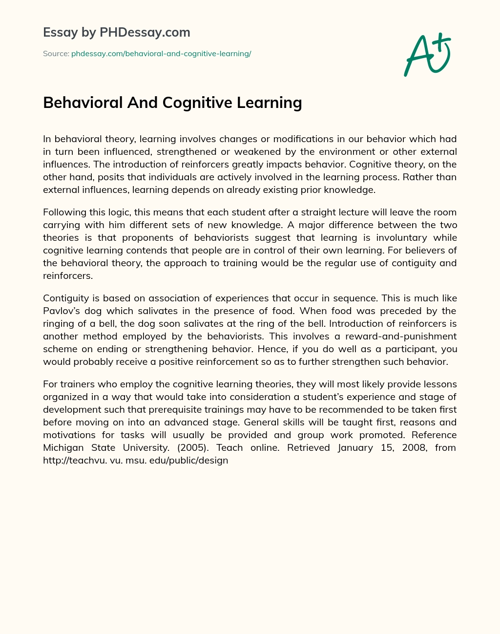 Behavioral And Cognitive Learning essay