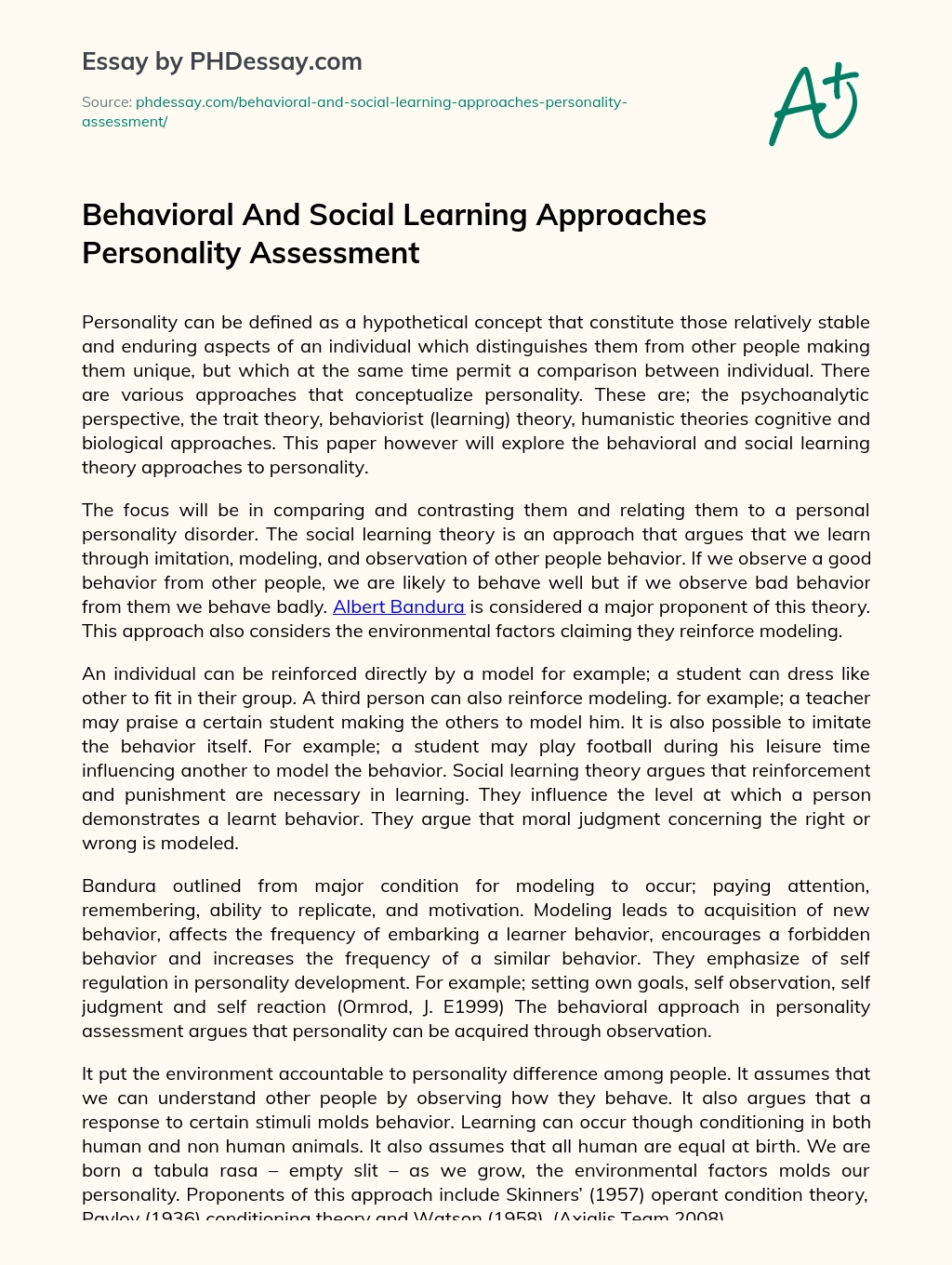 Behavioral And Social Learning Approaches Personality Assessment essay
