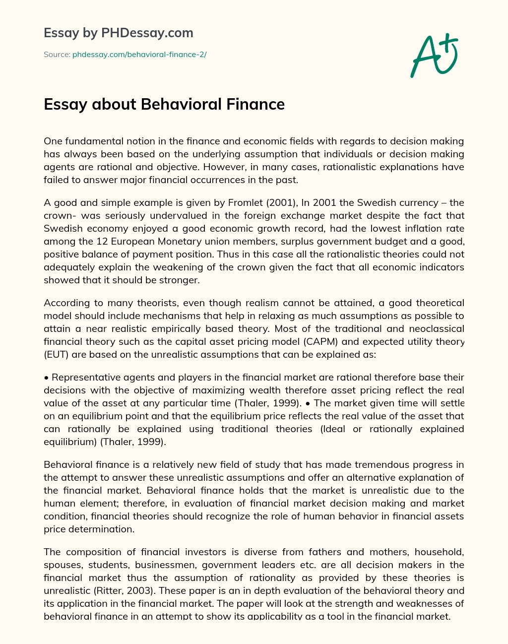 Essay about Behavioral Finance essay