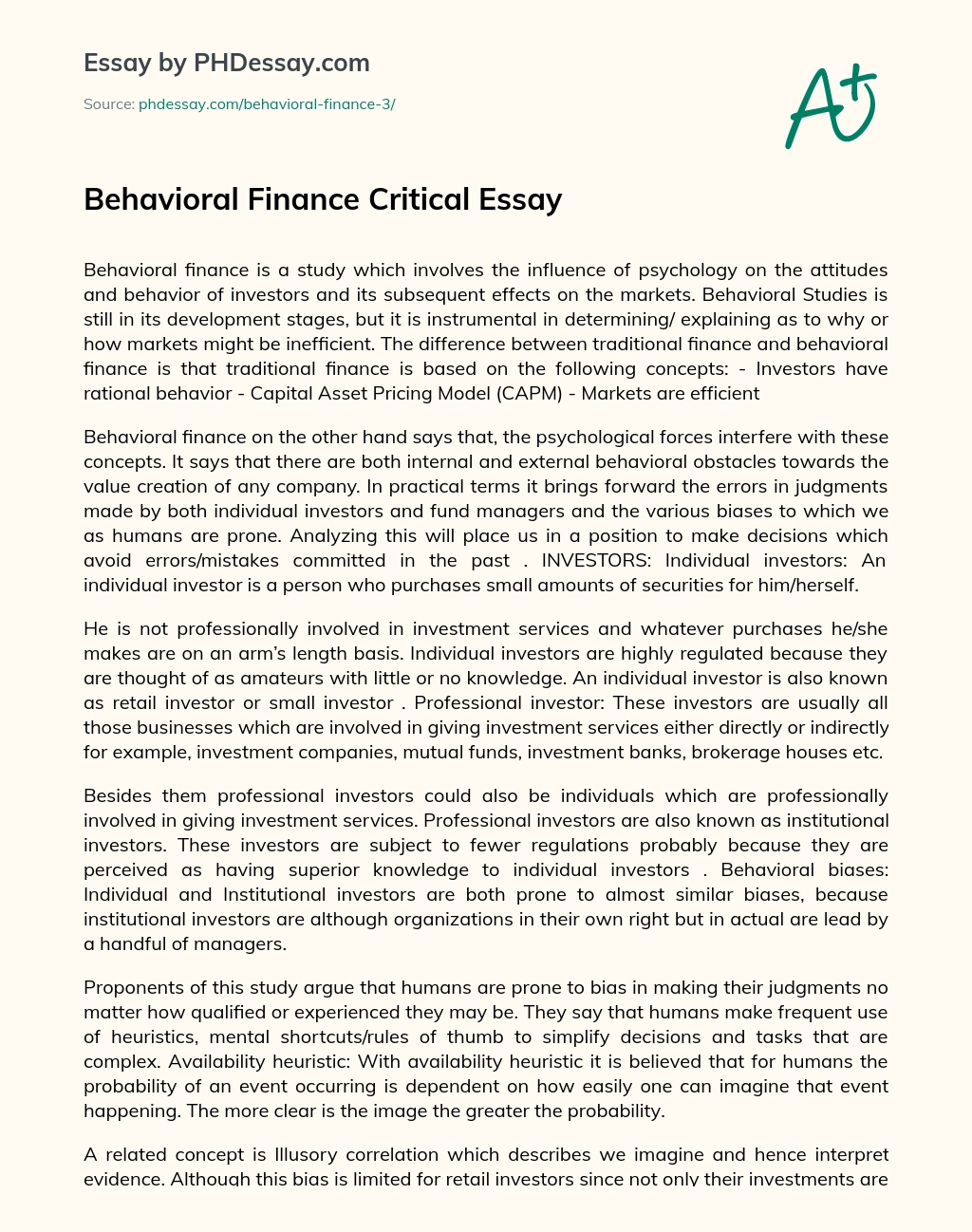 Behavioral Finance Critical Essay essay
