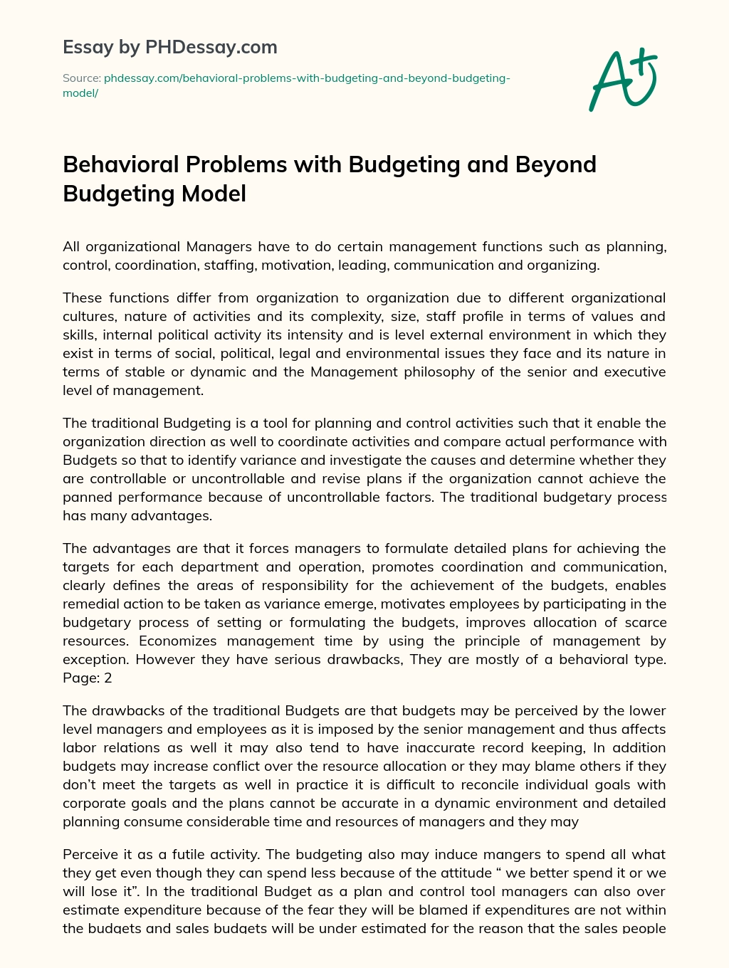 Behavioral Problems with Budgeting and Beyond Budgeting Model essay