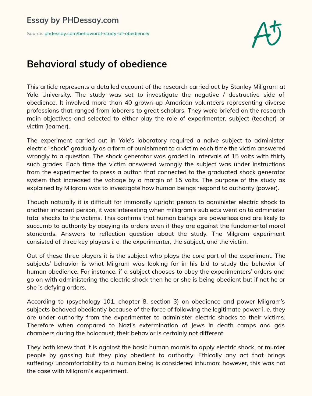 Behavioral study of obedience essay
