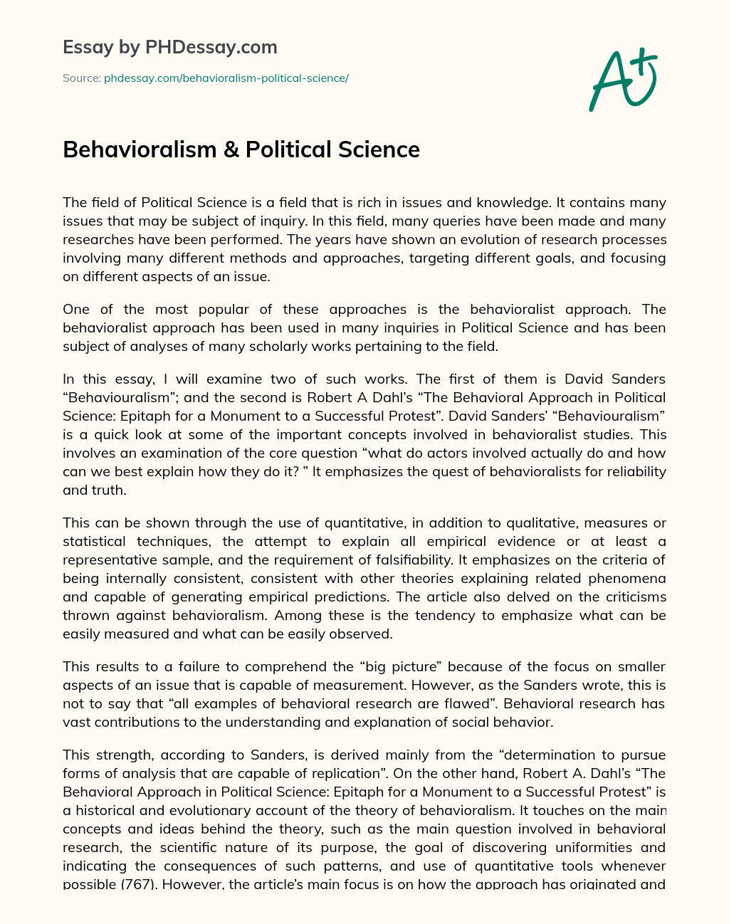 Behavioralism & Political Science essay