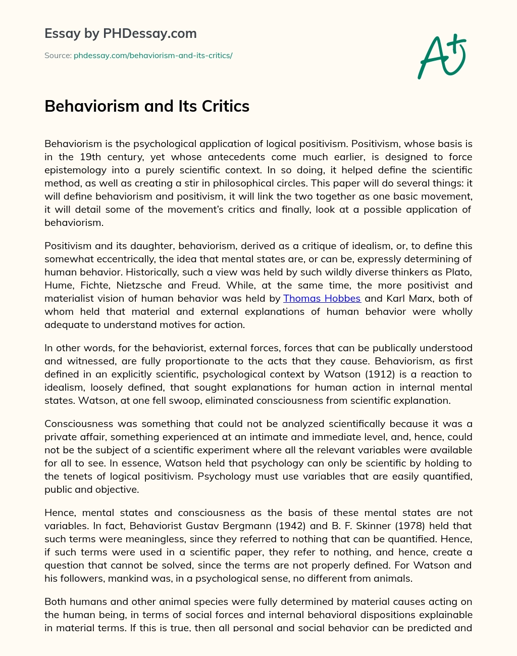 Behaviorism and Its Critics essay