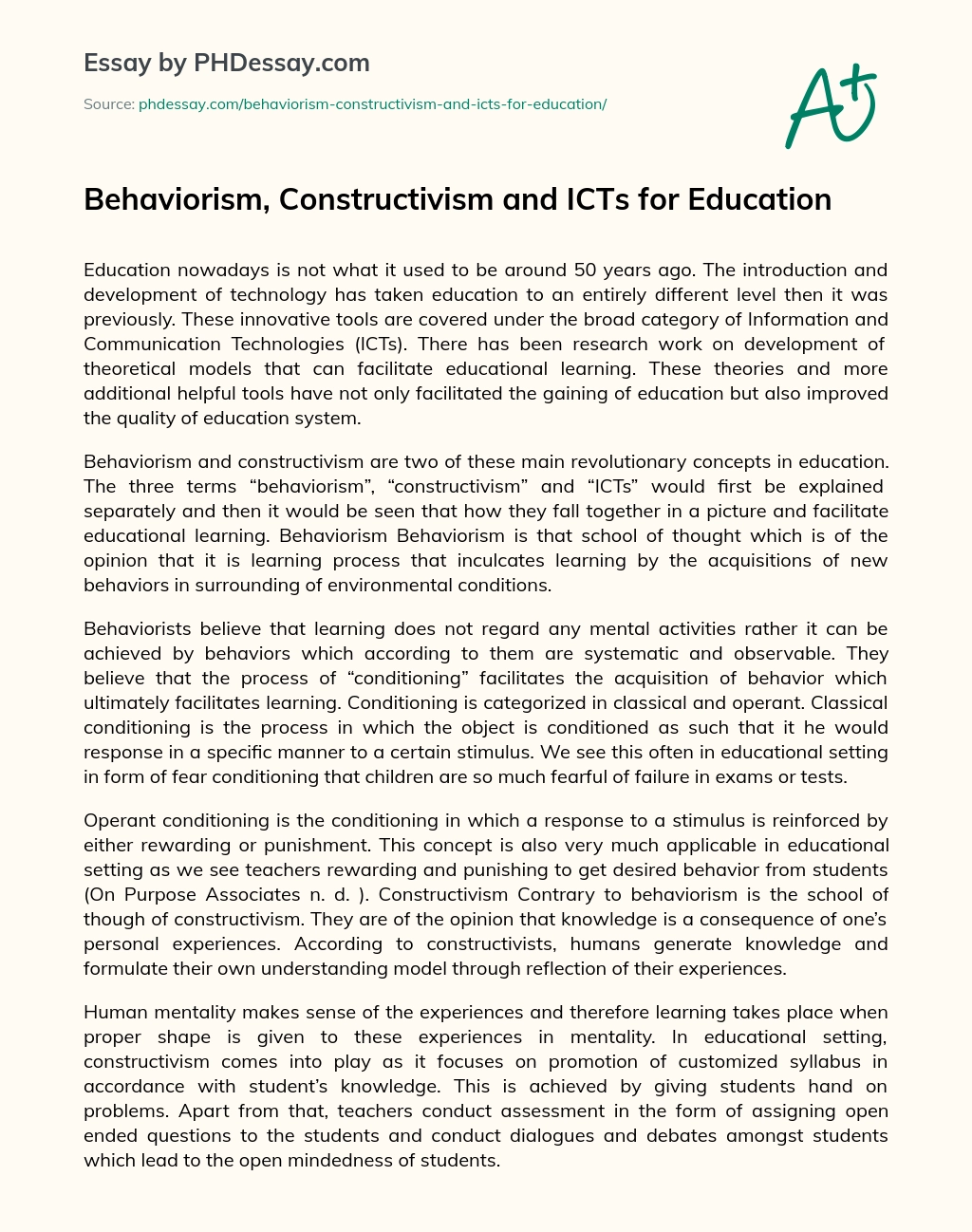 Behaviorism, Constructivism and ICTs for Education essay