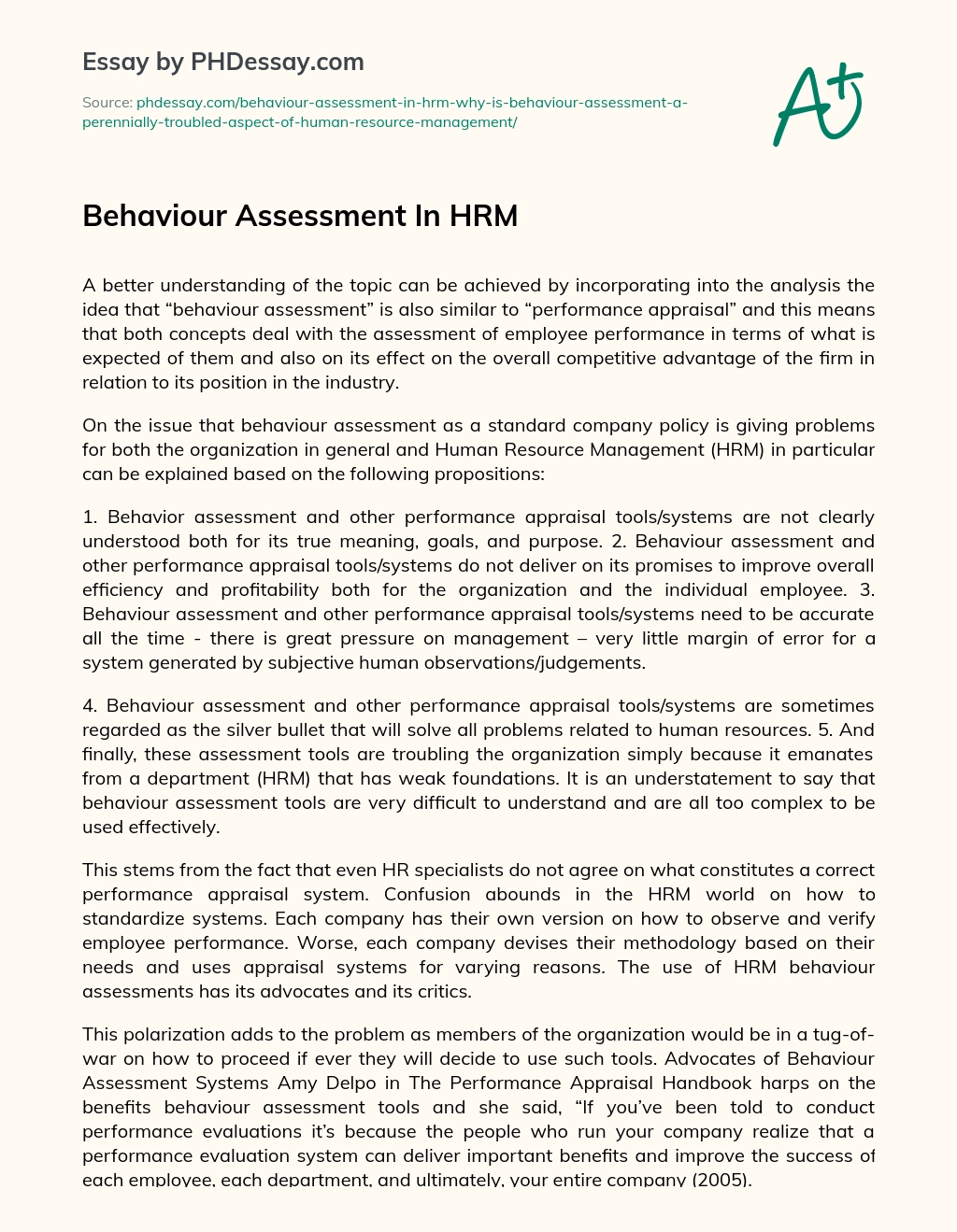 Behaviour Assessment In HRM essay
