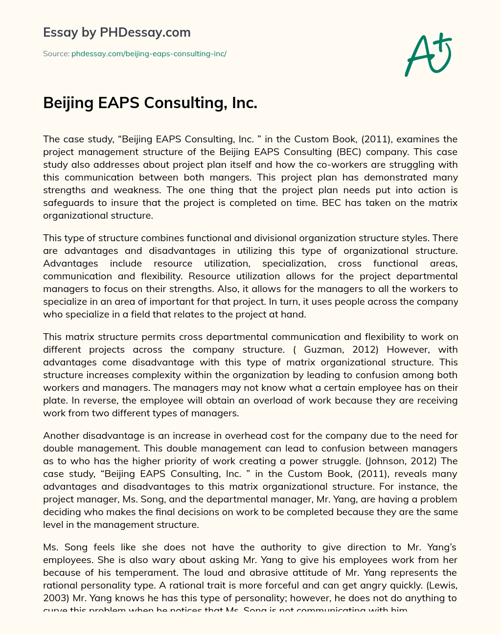 Beijing EAPS Consulting, Inc. essay