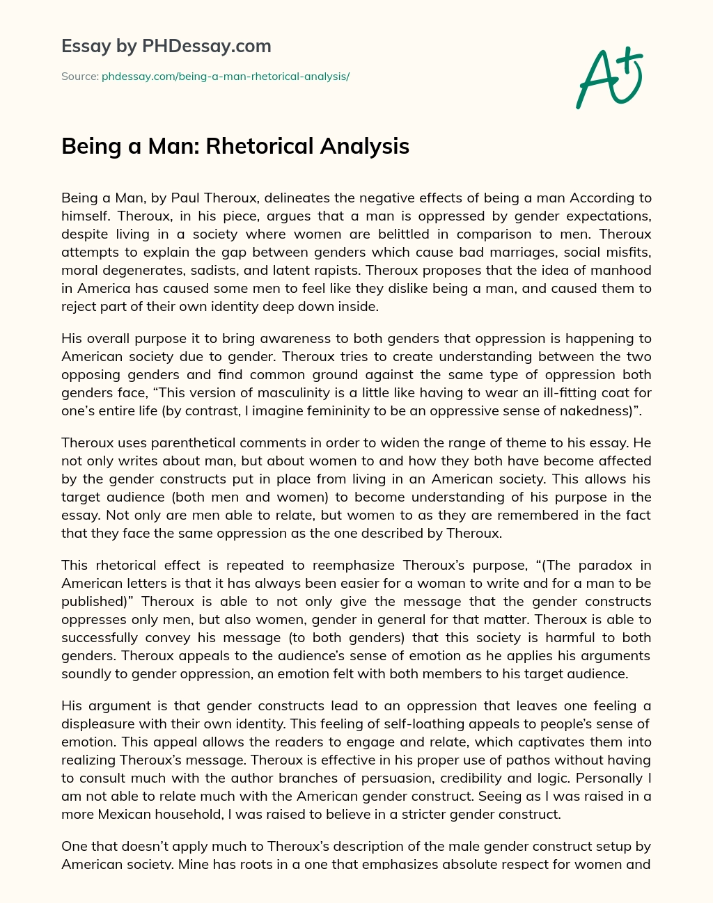 Being a Man: Rhetorical Analysis essay