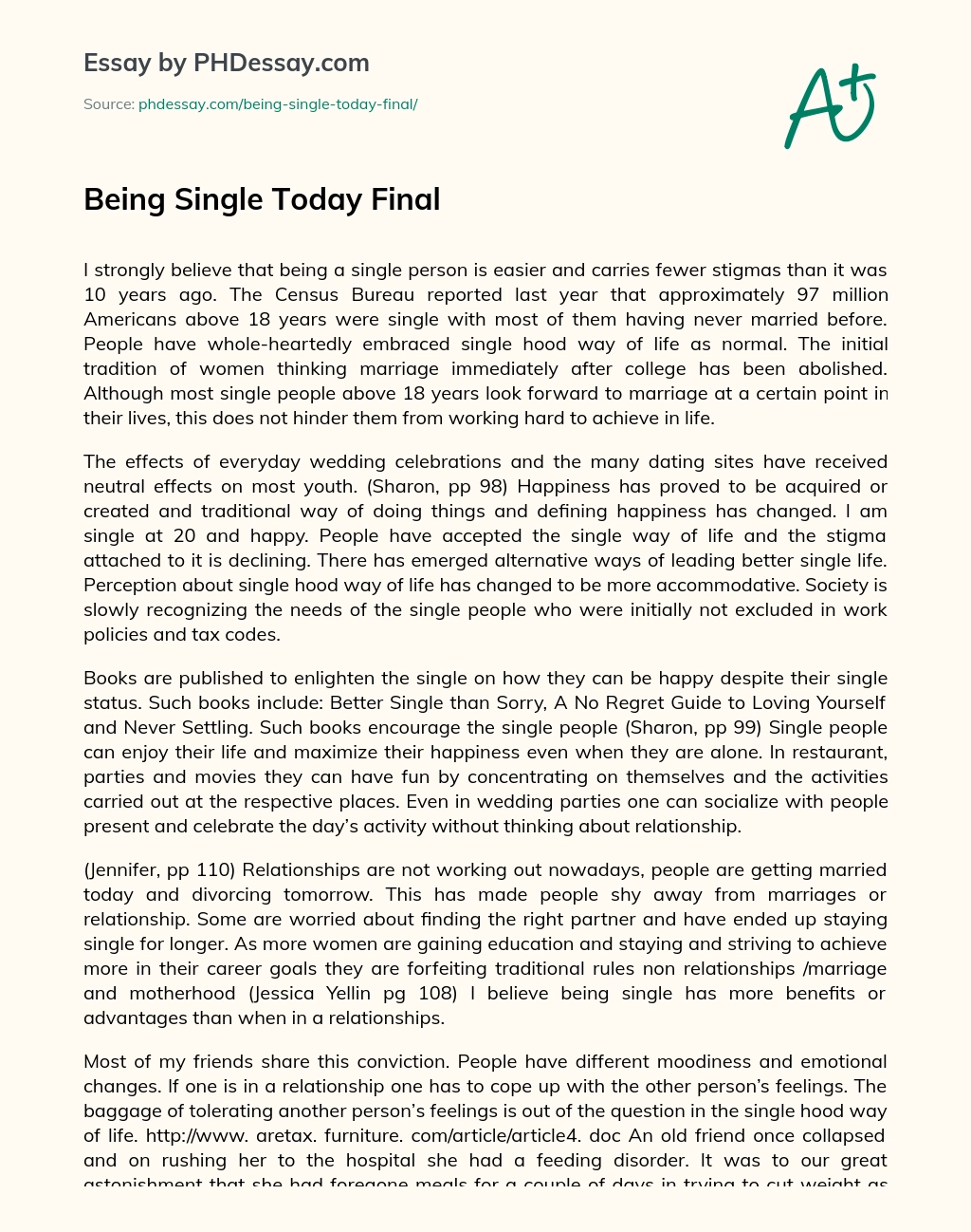 Being Single Today Final essay