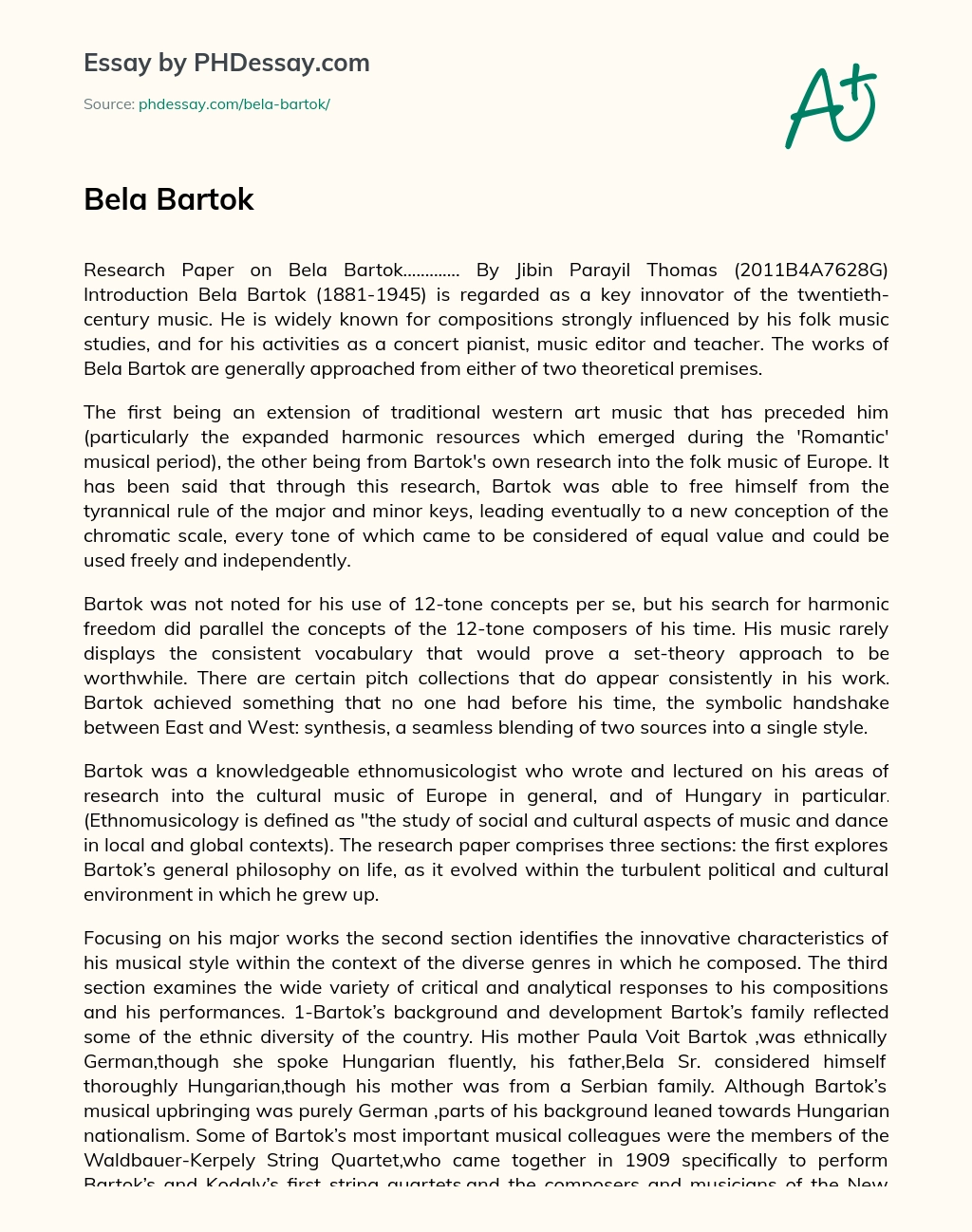 Exploring the Musical Innovations of Bela Bartok through Folk Music and Harmonic Freedom essay