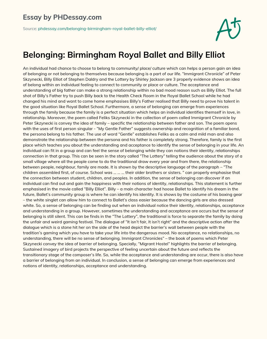 Belonging: Birmingham Royal Ballet and Billy Elliot essay