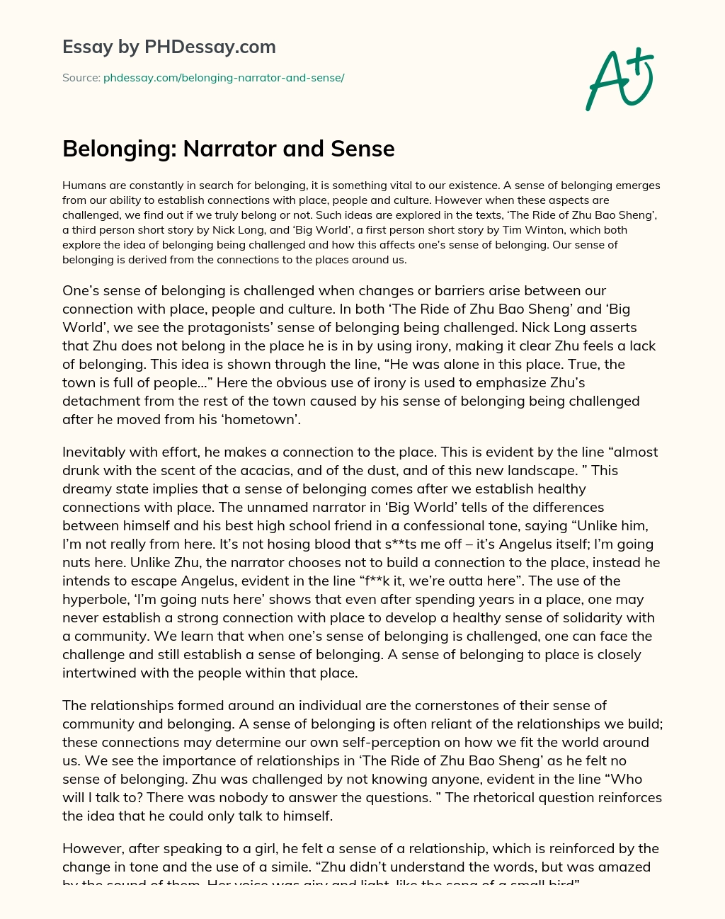 Belonging: Narrator and Sense essay