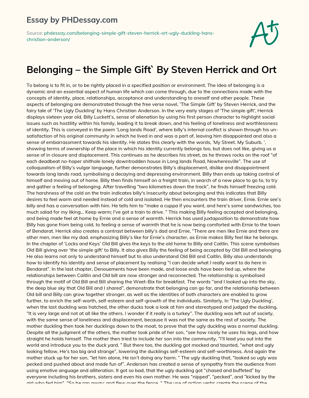 Belonging – the Simple Gift` By Steven Herrick and Ort essay