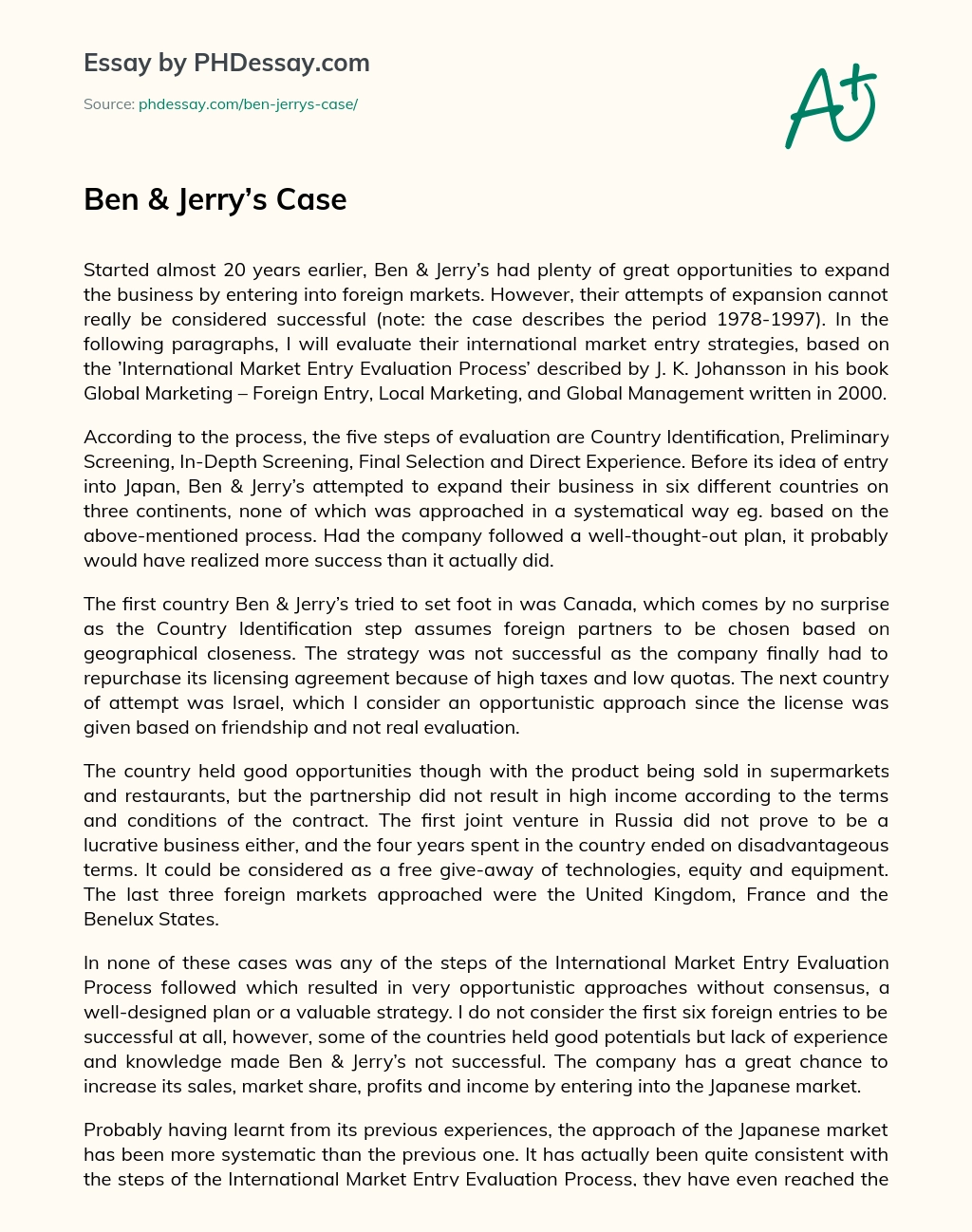 Ben & Jerry’s Case essay