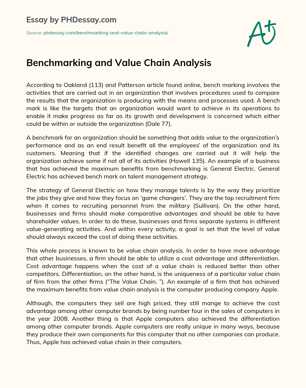 Benchmarking and Value Chain Analysis essay