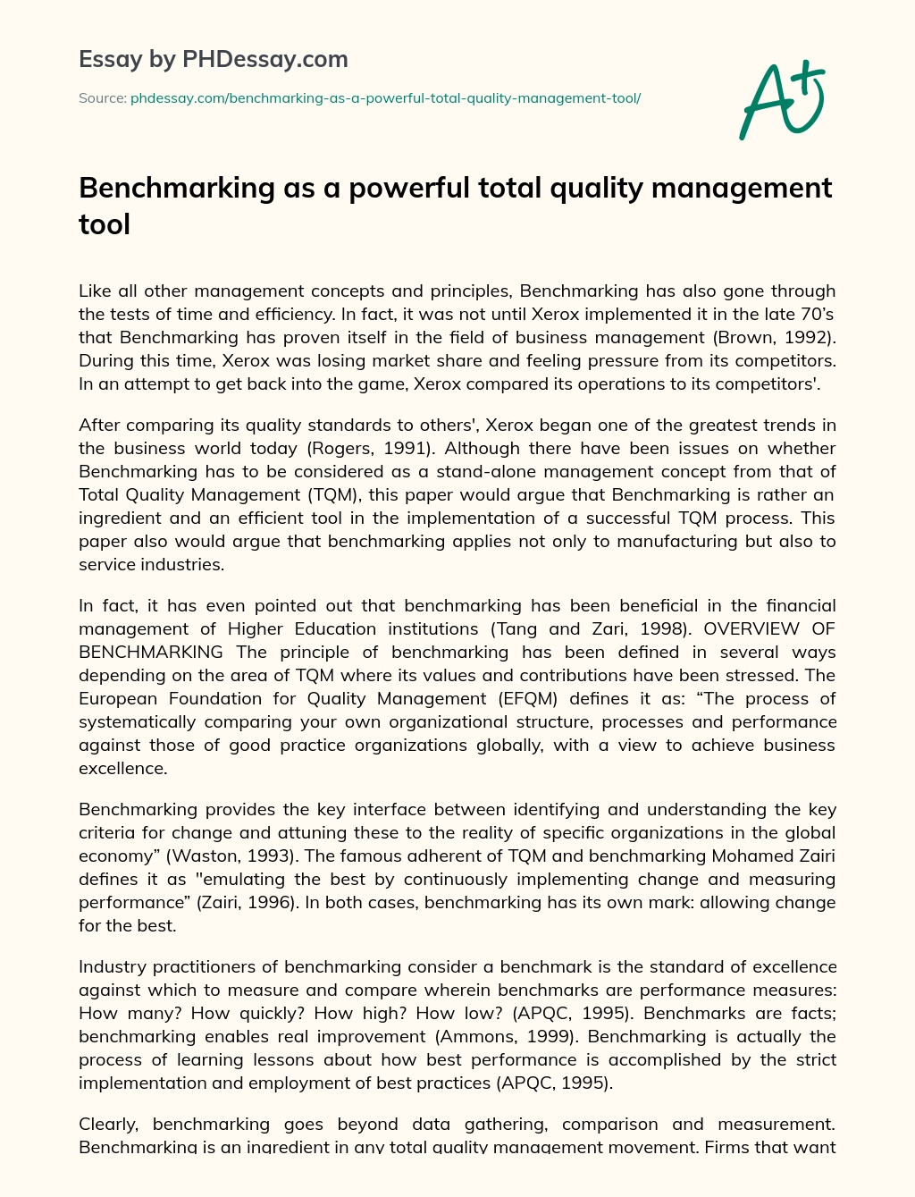 Benchmarking as a powerful total quality management tool essay