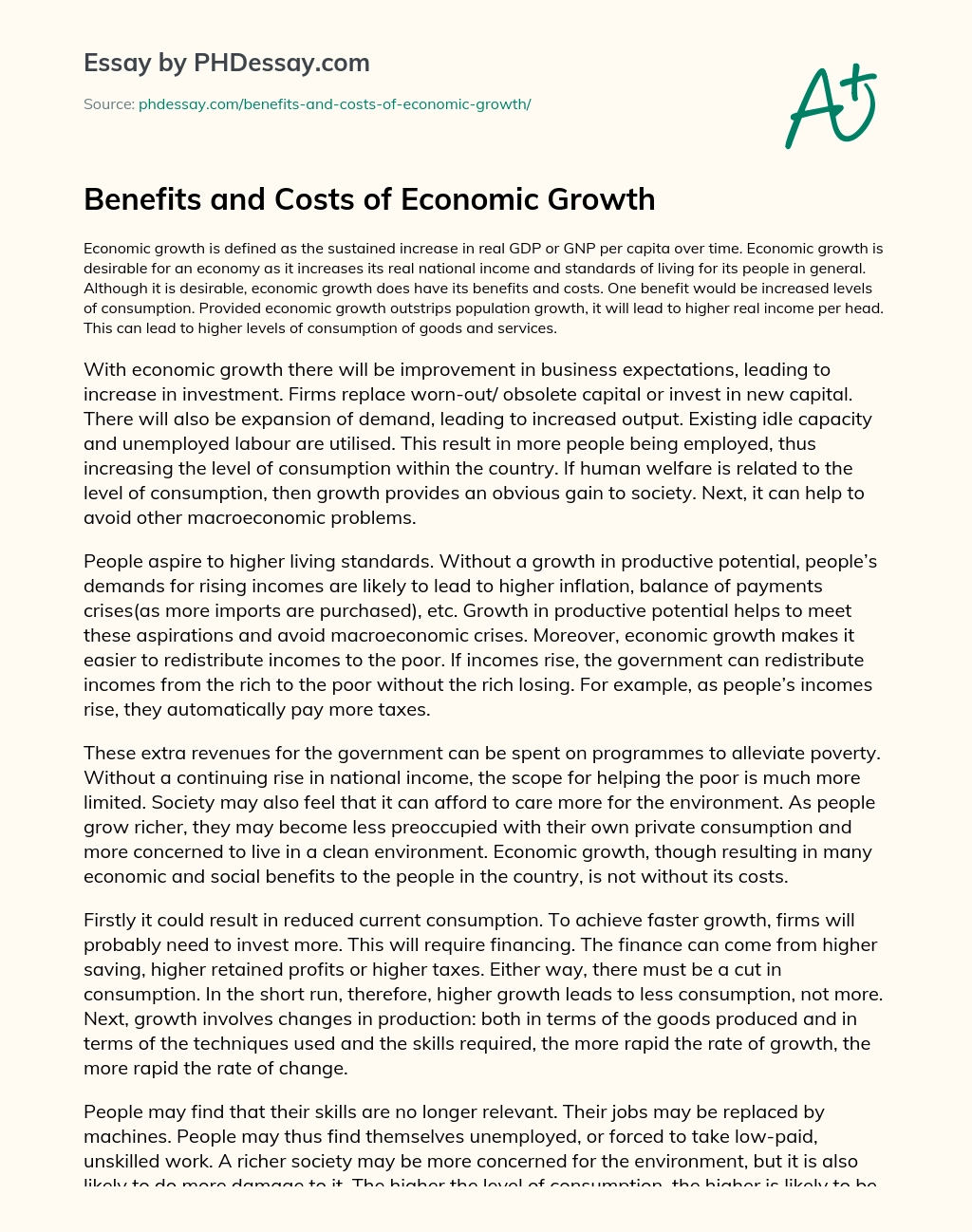Benefits and Costs of Economic Growth essay