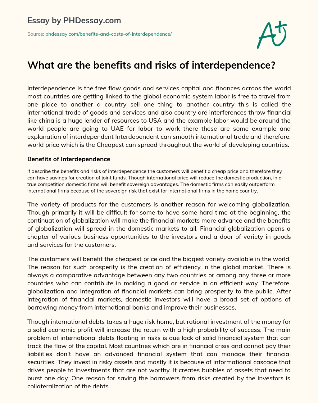 What are the benefits and risks of interdependence? essay