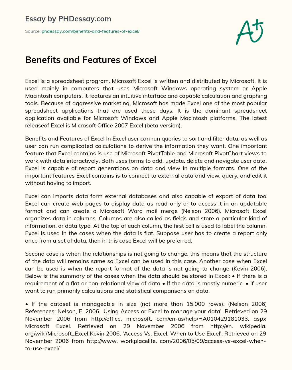 Benefits and Features of Excel essay
