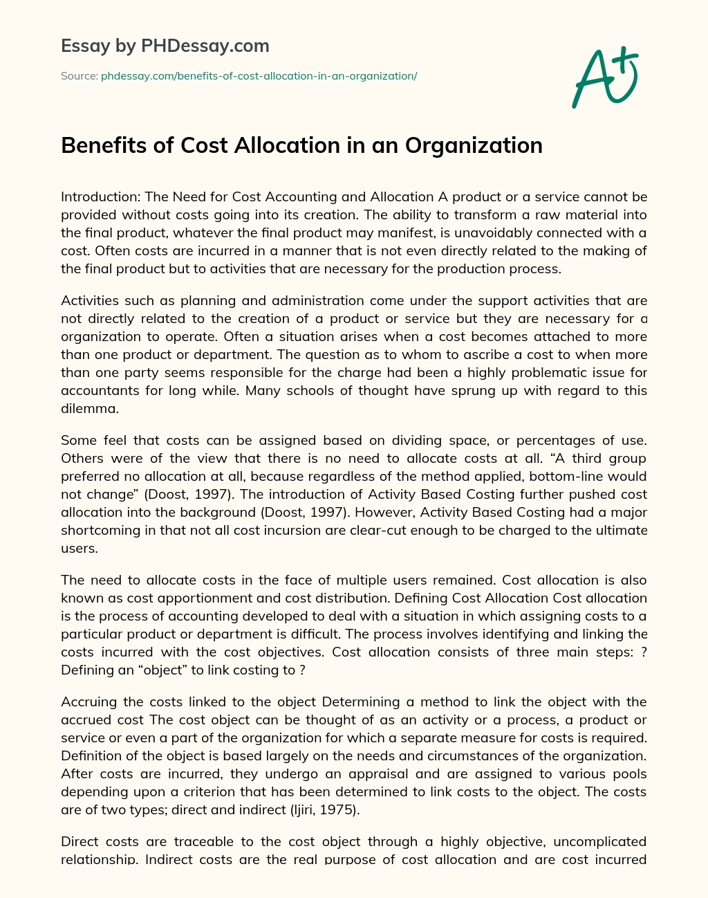 Benefits of Cost Allocation in an Organization essay