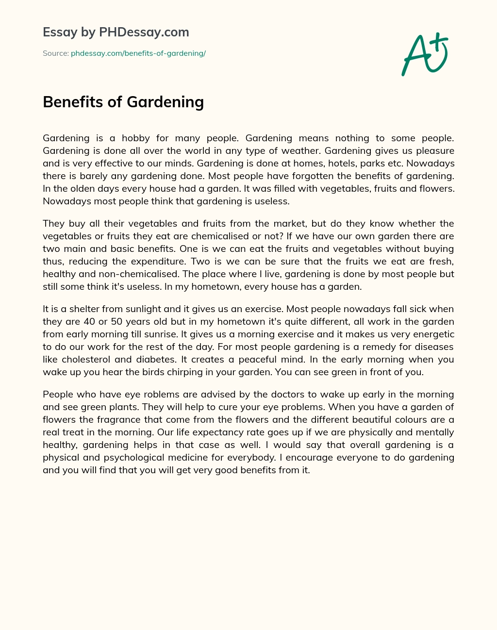 Benefits of Gardening essay