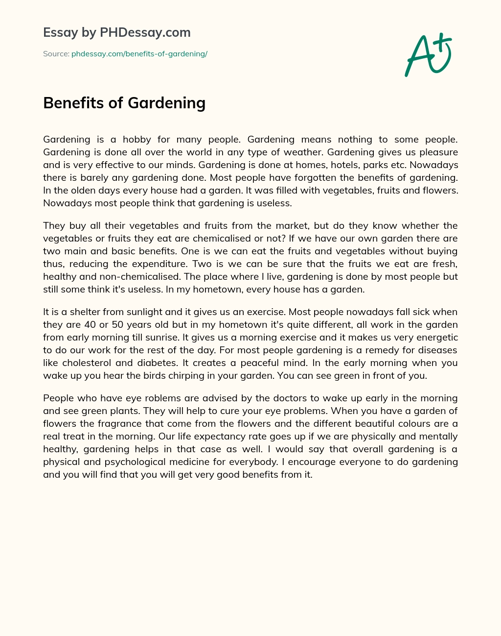 Benefits Of Gardening Narrative Essay Sample 400 Words PHDessay