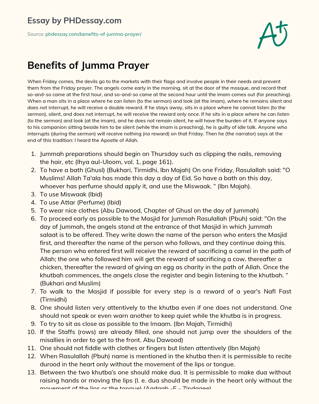 Benefits of Jumma Prayer essay