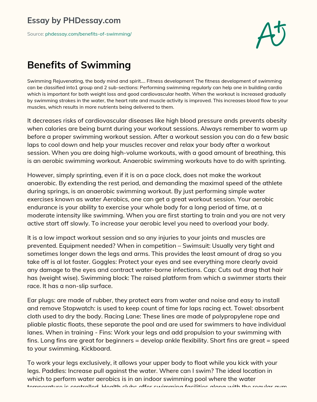 Benefits of Swimming essay