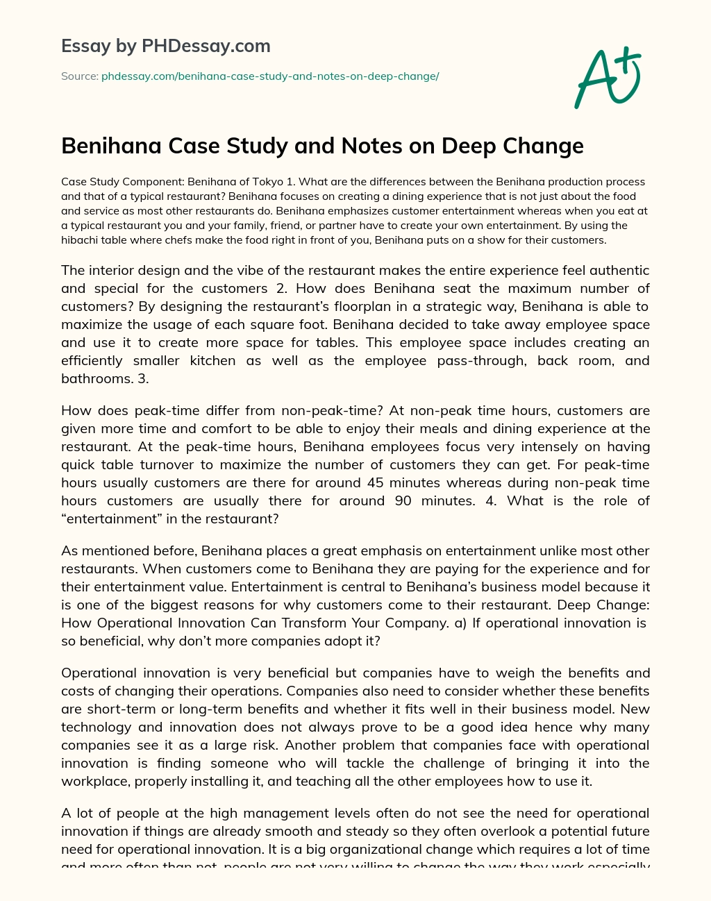Benihana Case Study and Notes on Deep Change essay