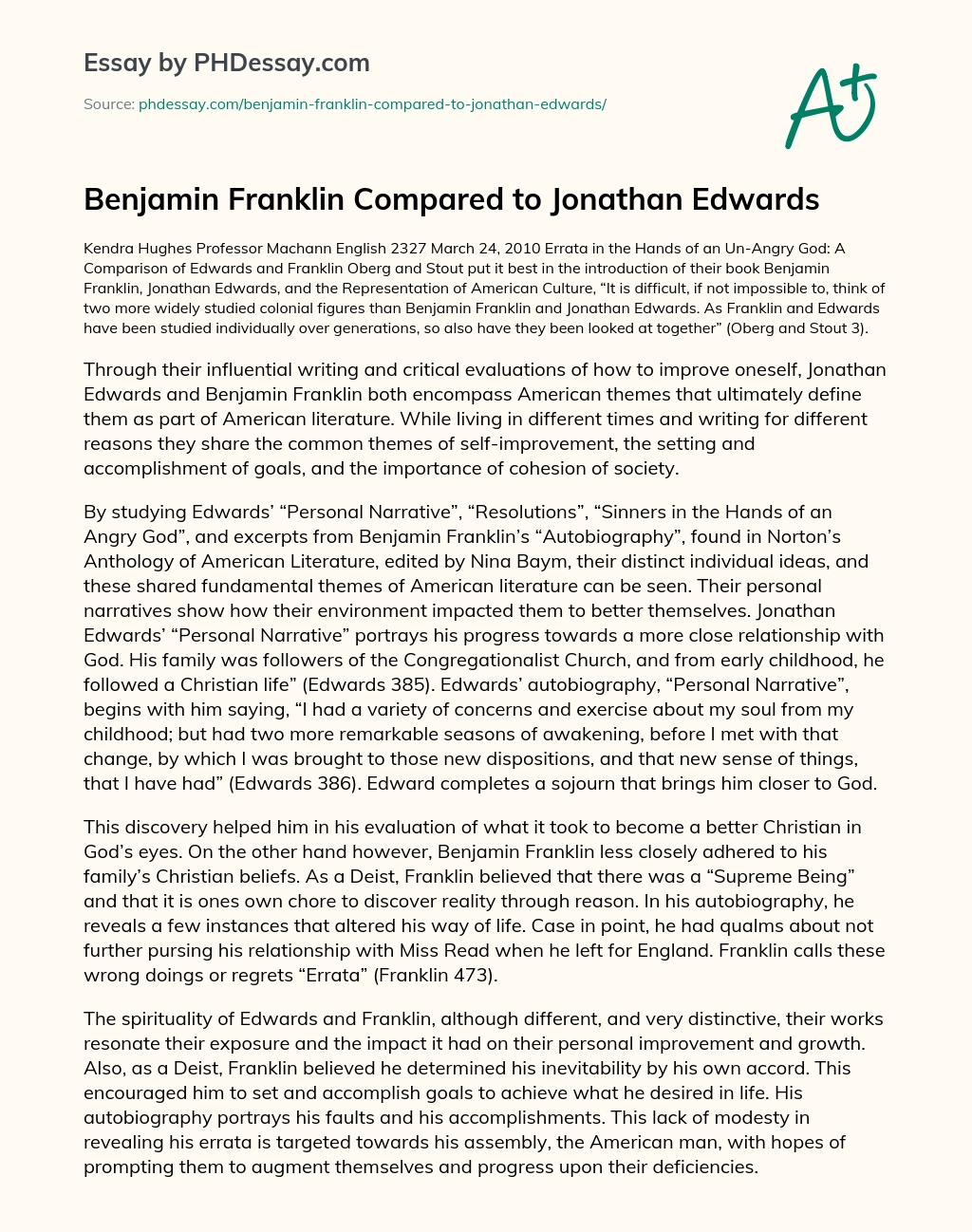 Benjamin Franklin Compared to Jonathan Edwards essay